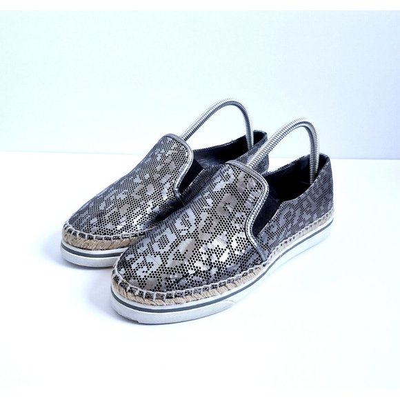 JIMMY CHOO Dawn Metallic Pewter Leather Espadrilles EU 39 US 9 Slip On Leopard - Picture 1 of 16